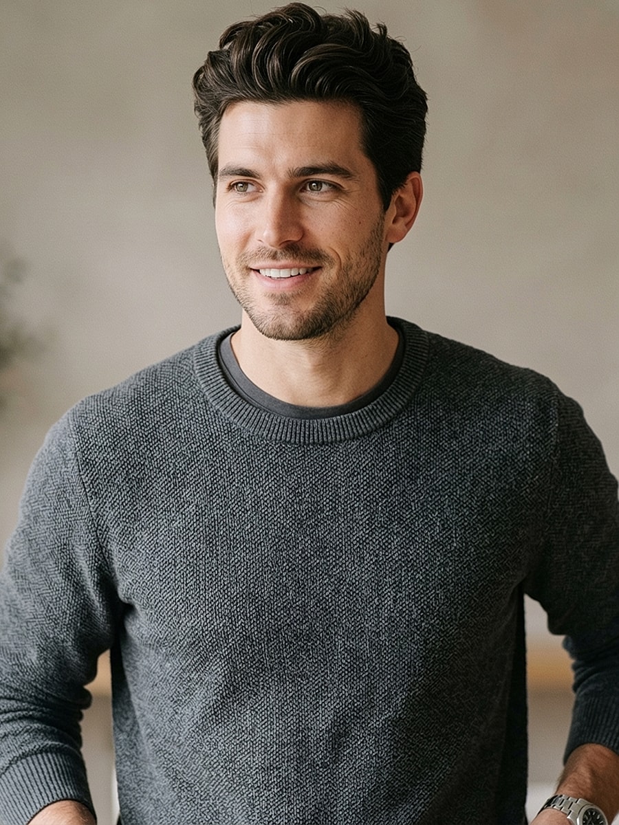 Smiling man in gray sweater, indoor setting.