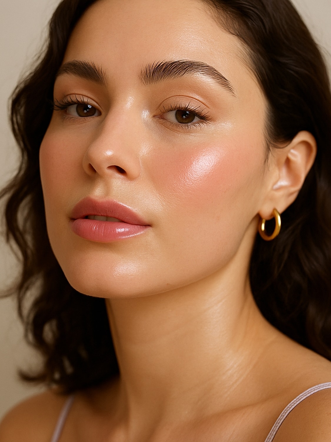 Woman with glowing skin and minimal makeup.