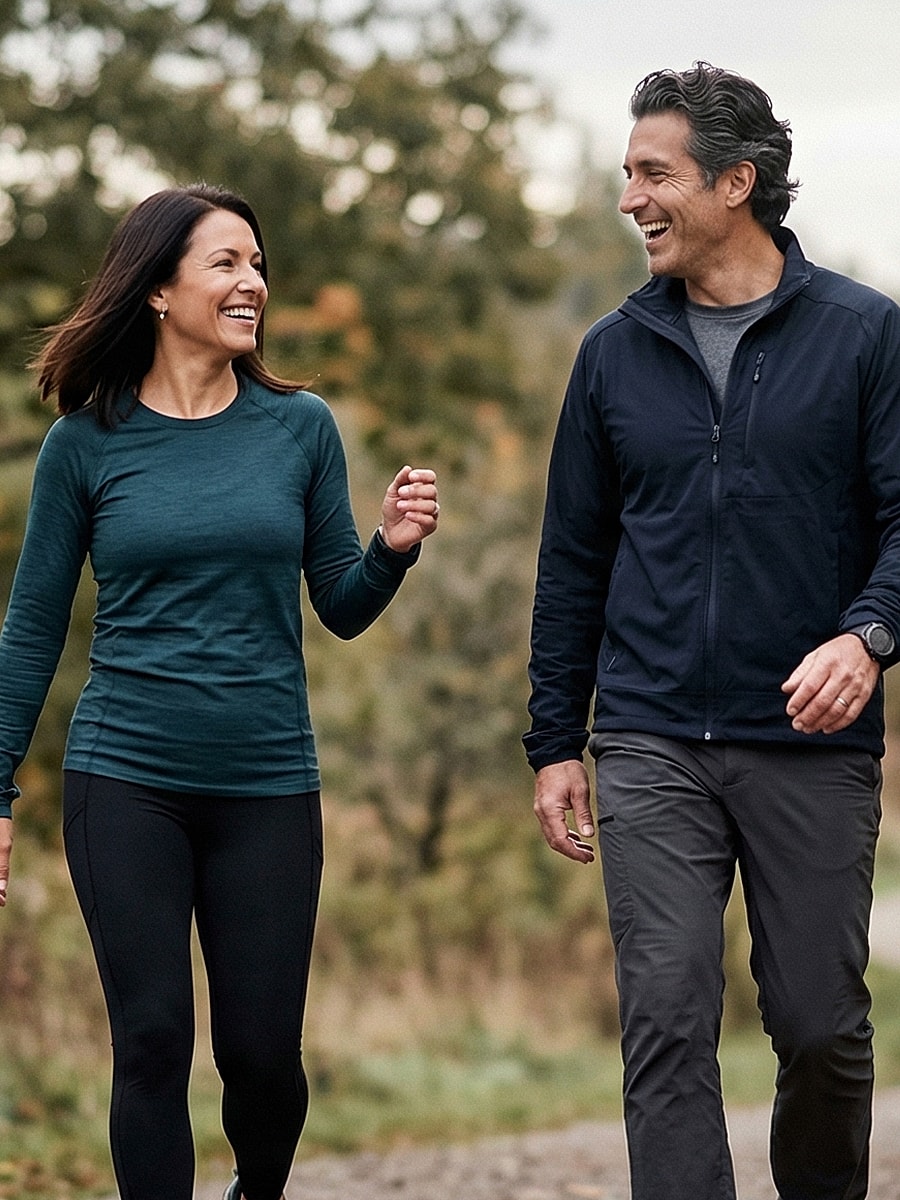 Couple walking outdoors, enjoying nature together.