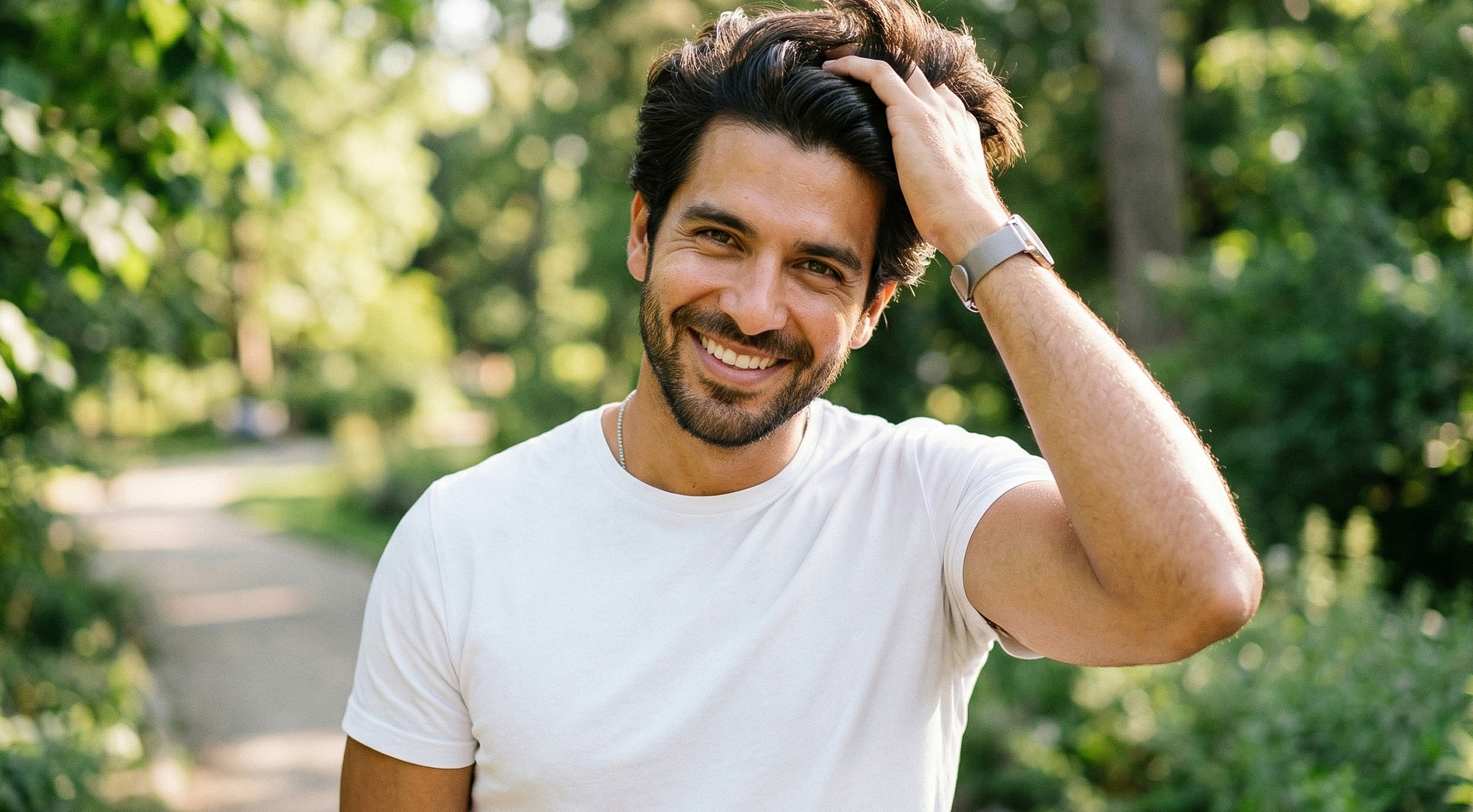 Smiling man in a sunny, green park.